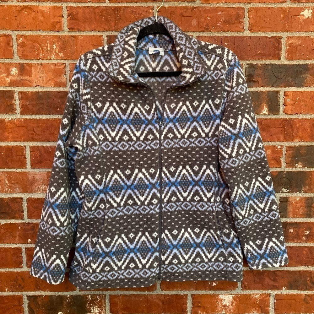 Old Navy Womens Large Gray Blue Fleece Fair Isle Printed Full Zip Sweater